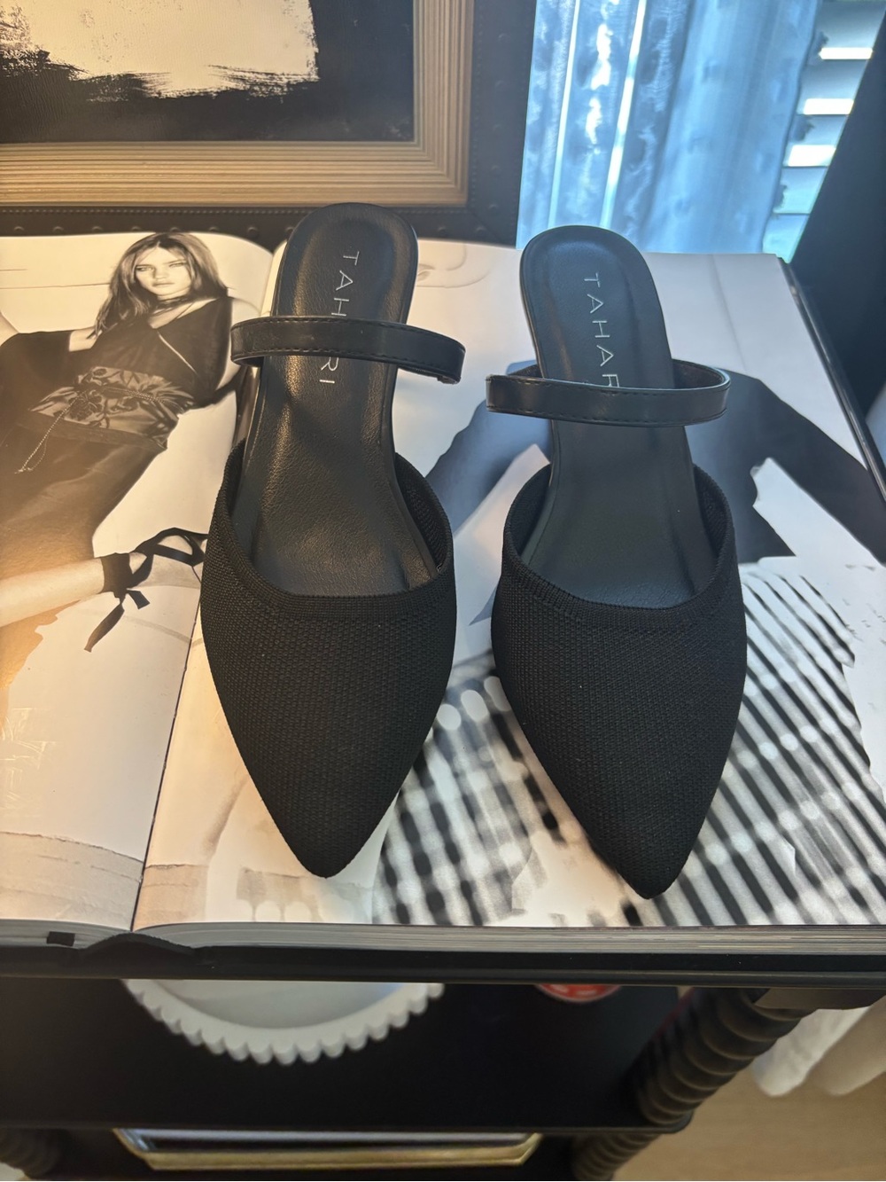 Tahari Black Pointed-Toe Slip-On Kitten Heel with Strap